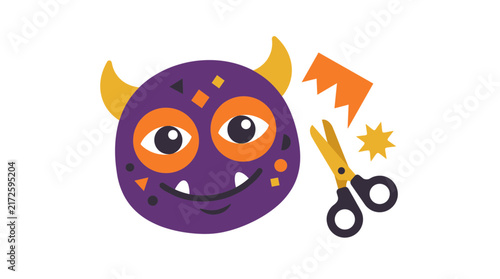 Purple Monster Face with Scissors and Orange Craft Paper Shapes On White Background