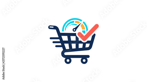Shopping Cart with Speedometer Gauge and Checkmark Symbol On White Background