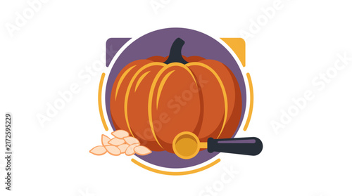 Whole Orange Pumpkin with Pumpkin Seeds and Metal Scoop On Purple Circular Background