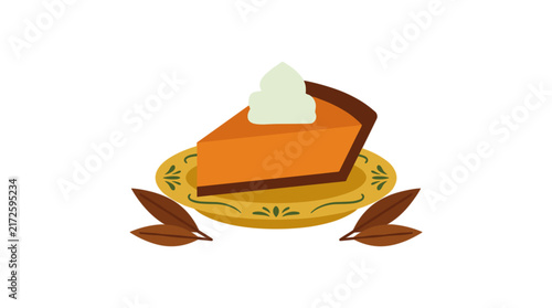 Slice of Pumpkin Pie with Whipped Cream On Decorative Plate and Autumn Leaves