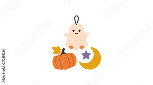 Cute Ghost Ornament with Pumpkin, Crescent Moon, and Star On White Background
