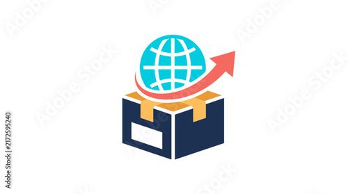 Cardboard Shipping Box with Globe Grid and Rising Arrow for Global Logistics