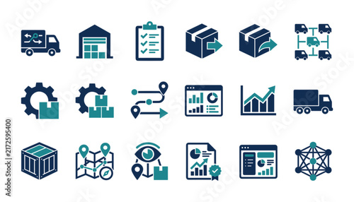 Foto Set of logistics and supply chain icons including delivery, warehouse, tracking,