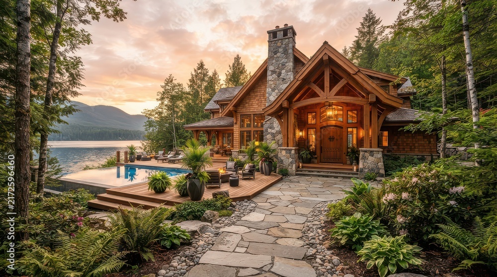 Fototapeta premium Lakeside timber lodge with pool and stone path