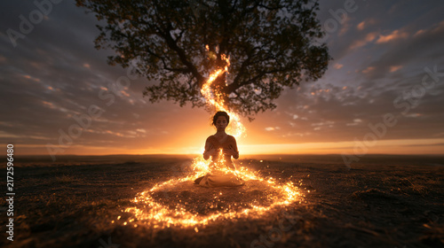 Woman Meditating Outdoors with Glowing Energy Connected to Tree