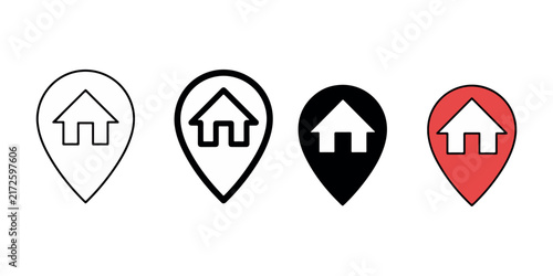 Home location icon set in black and white styles including map pin and house symbols. Editable vector illustration for real estate navigation and property search. Home location pin icons. Map marker 