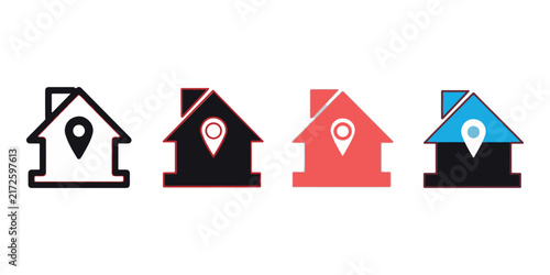 Icons of a house silhouette combined with a map location pin marker location navigation silhouette isolated. Location pin and house icons, map marker and home symbol, vector illustration. Home 