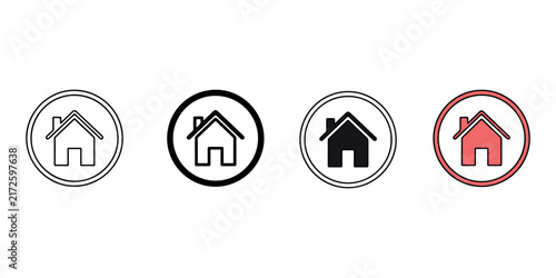 Real estate map pin icons, 4 house location markers, property search vector set for web design. Map pin and house icons, location and home symbols isolated on white background. Set of house location 