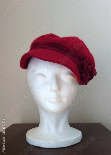vintage red felt cloche hat evoking flapper, Gatsby, speakeasy era