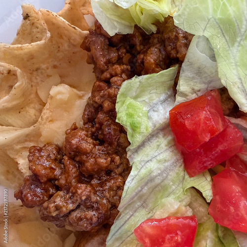 Homemade Taco Salad with Seasoned Ground Beef, Tomatoes, Lettuce and Tortilla Chips