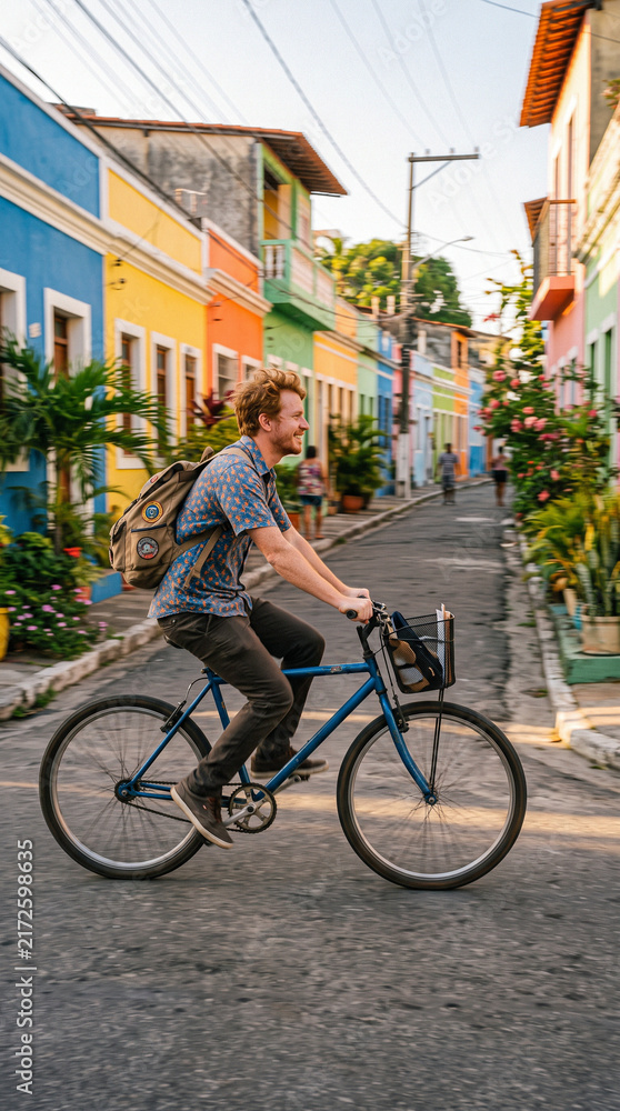 Fototapeta premium Man cycles past colorful buildings