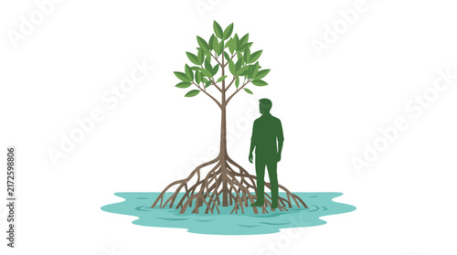 Vector illustration depicting a human silhouette standing in shallow water next to a thriving mangrove tree, symbolizing coastal protection and ecological balance