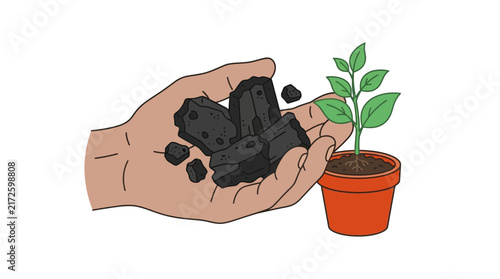 Hand holding biochar charcoal next to a green potted plant vector illustration