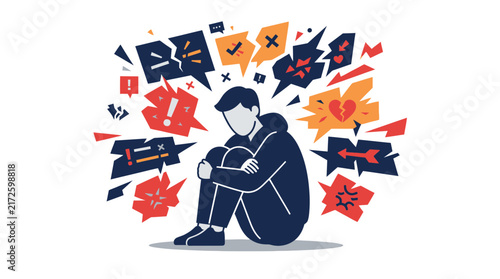 Vector illustration of a stressed person sitting alone with negative thoughts, anxiety, and mental health struggles concept