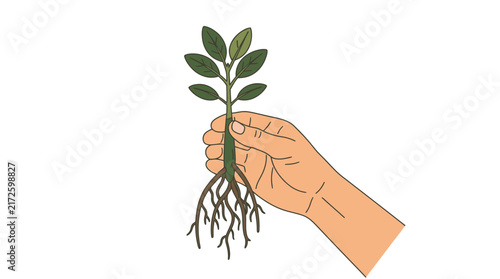 Hand holding young green sapling with roots for gardening and environmental growth concept illustration