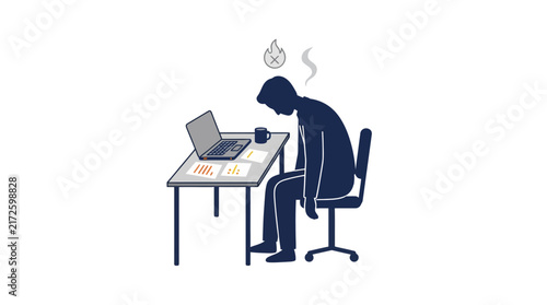 Illustration depicting an overwhelmed and exhausted employee experiencing burnout at their desk, struggling with work demands and chronic stress in the workplace