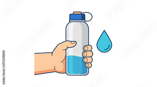 Hand holding a reusable water bottle with a blue water droplet icon vector illustration for healthy lifestyle and hydration concepts