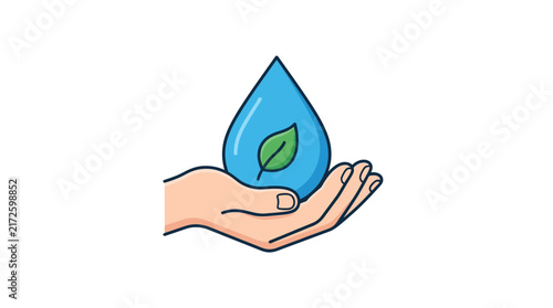 Hand holding a water drop with a green leaf, symbolizing conservation and environmental protection
