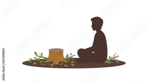 Silhouette of man sitting by tree stump symbolizing deforestation environmental loss and ecological destruction