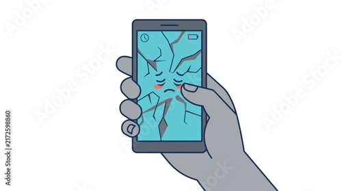 Hand Holding Broken Smartphone with Sad Crying Face on Cracked Screen Illustration