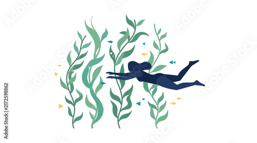 Minimalist vector illustration of a woman swimming underwater through a green seaweed forest with tiny fish