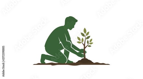 Gardener kneeling and planting a young tree, symbolizing environmental conservation and growth