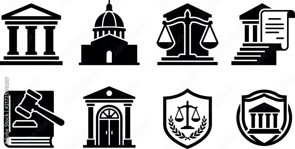 Fototapeta premium Government and law icon vector set with courthouse scale of justice gavel and authority shield symbols isolated on white background