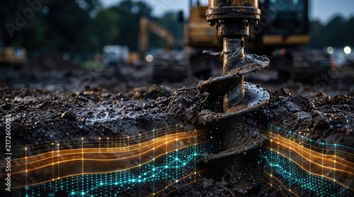 Heavy machinery auger drilling into muddy earth with digital data overlay