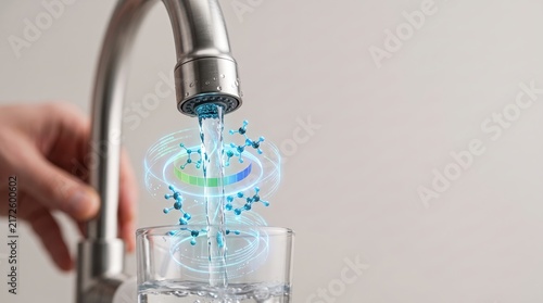 Water molecules flowing from a faucet into a glass with digital analysis
