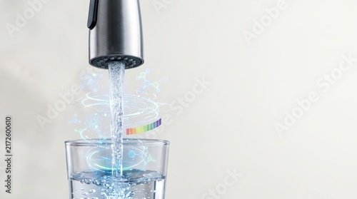 Pouring clean water from a faucet into a glass with digital molecular analysis overlay