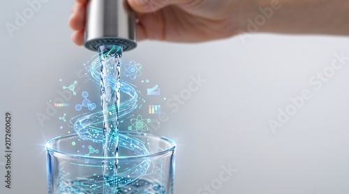 Pouring purified water with molecular data visualization into a glass beaker