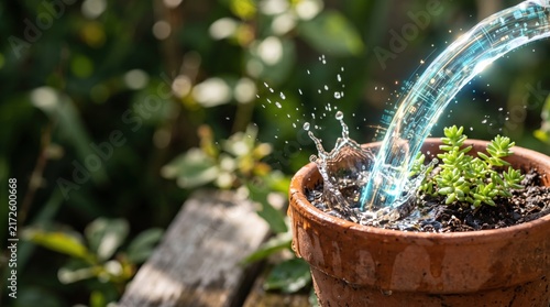 Digital water nourishes a small succulent plant in a terracotta pot outdoors