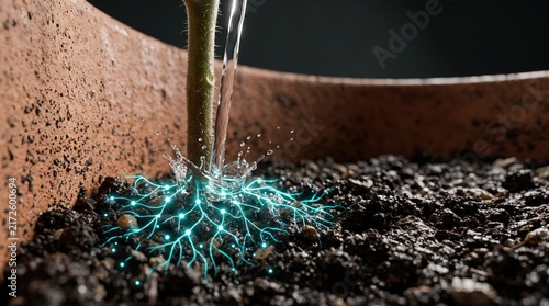 Watering a plant with glowing roots in a terracotta pot