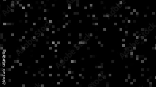 Abstract digital noise background with flickering grey square particles in motion.