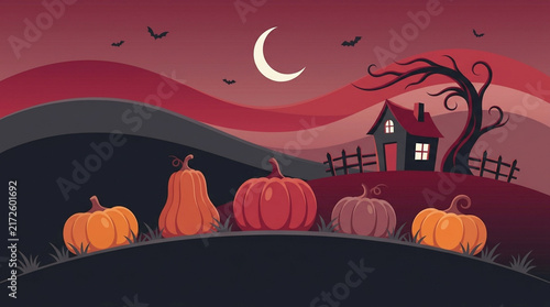 Halloween night landscape with pumpkins, a haunted house, and a crescent moon