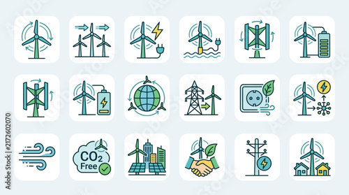 Wind Energy Vector Icon Set Depicting Renewable Power Generation and Sustainable Technology Solutions for Green Infrastructure