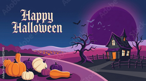 Spooky halloween countryside scene with pumpkins, haunted house, and large purple moon gourds