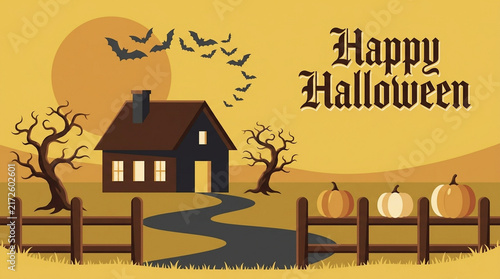 Spooky halloween farmhouse with pumpkins, bats, and a large moon on a warm, orange background