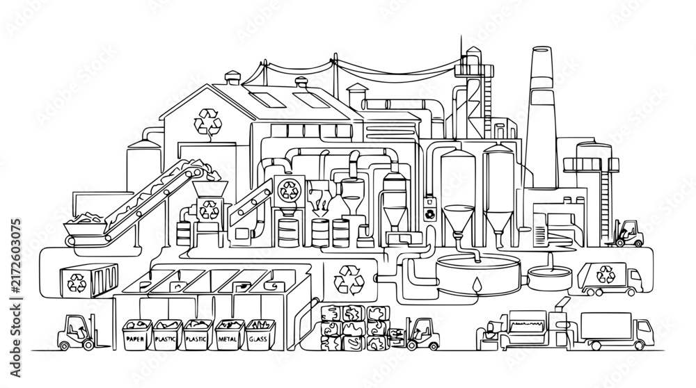 Fototapeta premium Recycling Plant Facility Line Drawing - Industrial Waste Processing