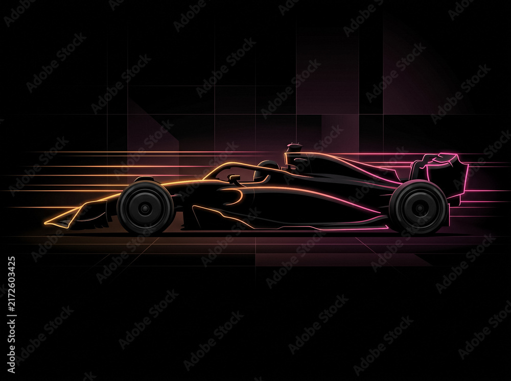 Obraz premium abstract neon illustration of a formula 1 racing car moving at high speed on a dark track with brightly glowing orange and pink outlines of a sports car body on black background
