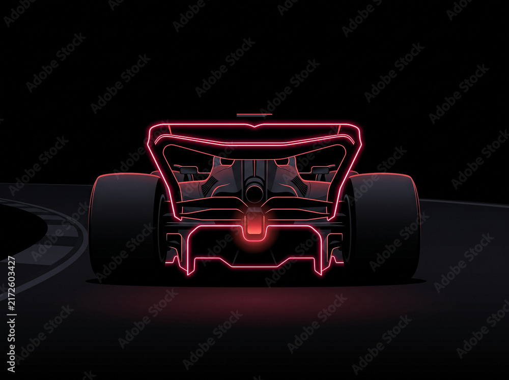 Obraz premium rear view of a formula 1 sports race car with red neon glowing spoiler on dark racetrack during night race event vibrant illustration of speed and raw engine power