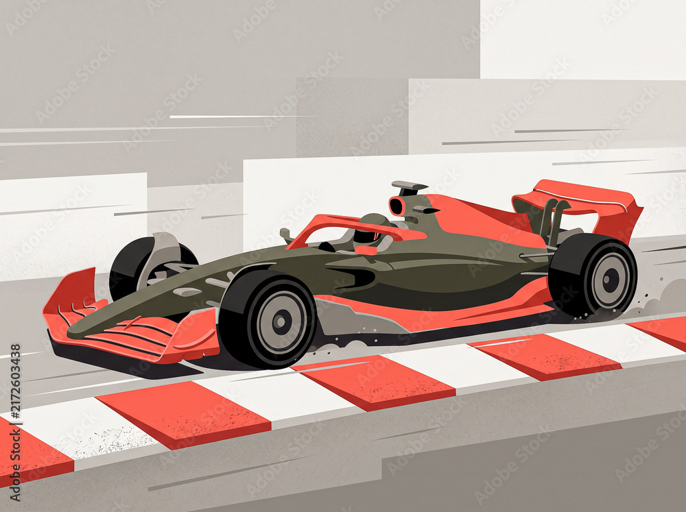 Obraz premium stylized vector illustration of a red formula 1 sports racing car speeding along the track curb with motion blur trail retro modern flat poster design stock vector