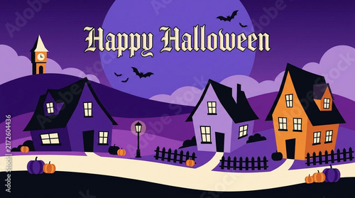 Spooky halloween village with pumpkins, bats, and a clock tower under a full moon