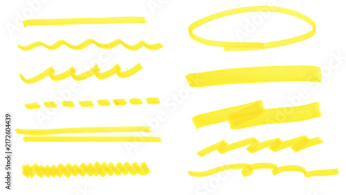 黄色の手描きマーカー線・ハイライト素材セット