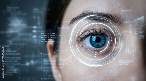 Blue eye with digital biometric authentication overlay
