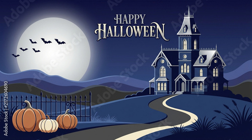 Spooky haunted mansion on a hill under a full moon with pumpkins and bats, happy halloween text haunted house