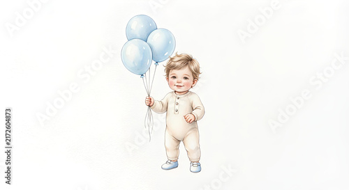 cute baby boy with blue balloon on white background