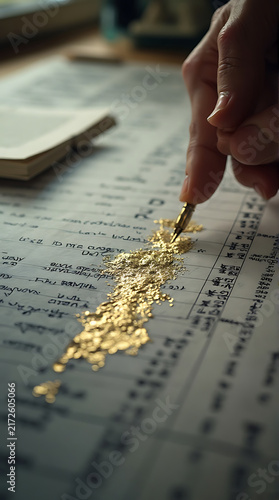 Person Filling Gilded Ink on Old Document with Handwriting