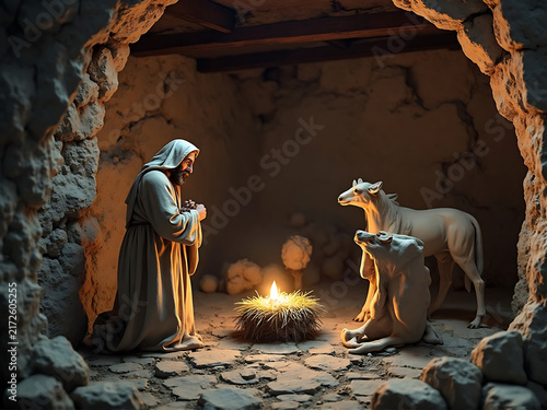 Religious Figure with a Shepherd and Two Figurines Around a Fire in a Cave