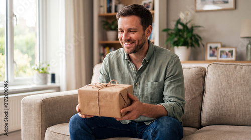 A cheerful man sitting on a comfortable sofa in his living room, smiling as he holds a thoughtful, eco-friendly brown paper gift box wrapped with twine.